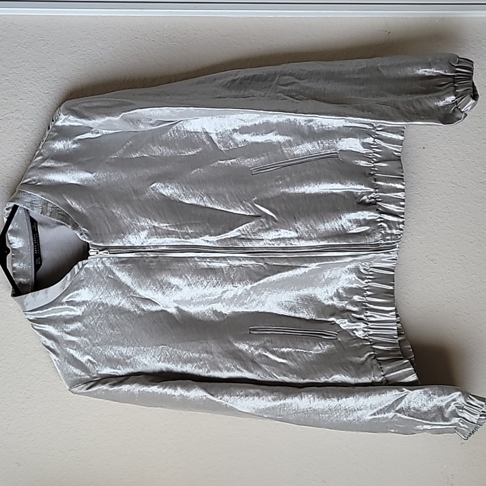 Zara Metallic Silver Bomber Jacket